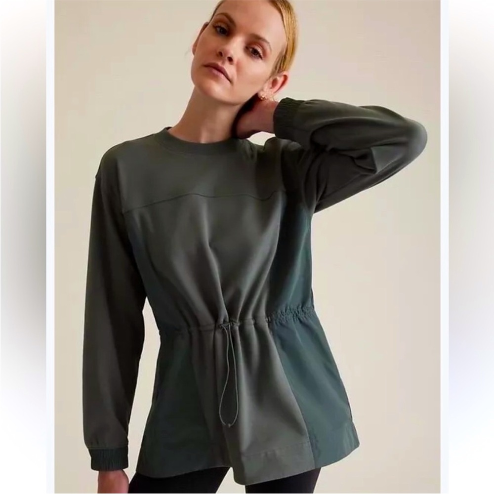 Athleta Triumph Hybrid Sweatshirt Cinched Drawstring Dark Green Olive XS